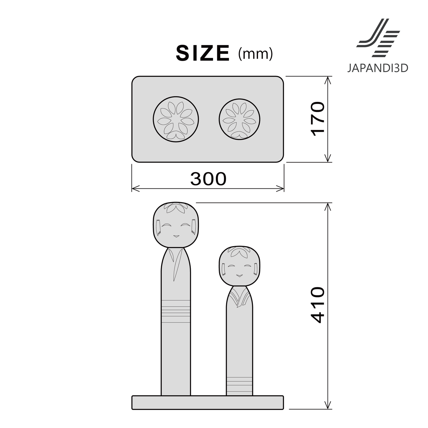 KOKESHI Dolls on Stand Size Chart - Dimensions W300 D170 H410mm - Specifications