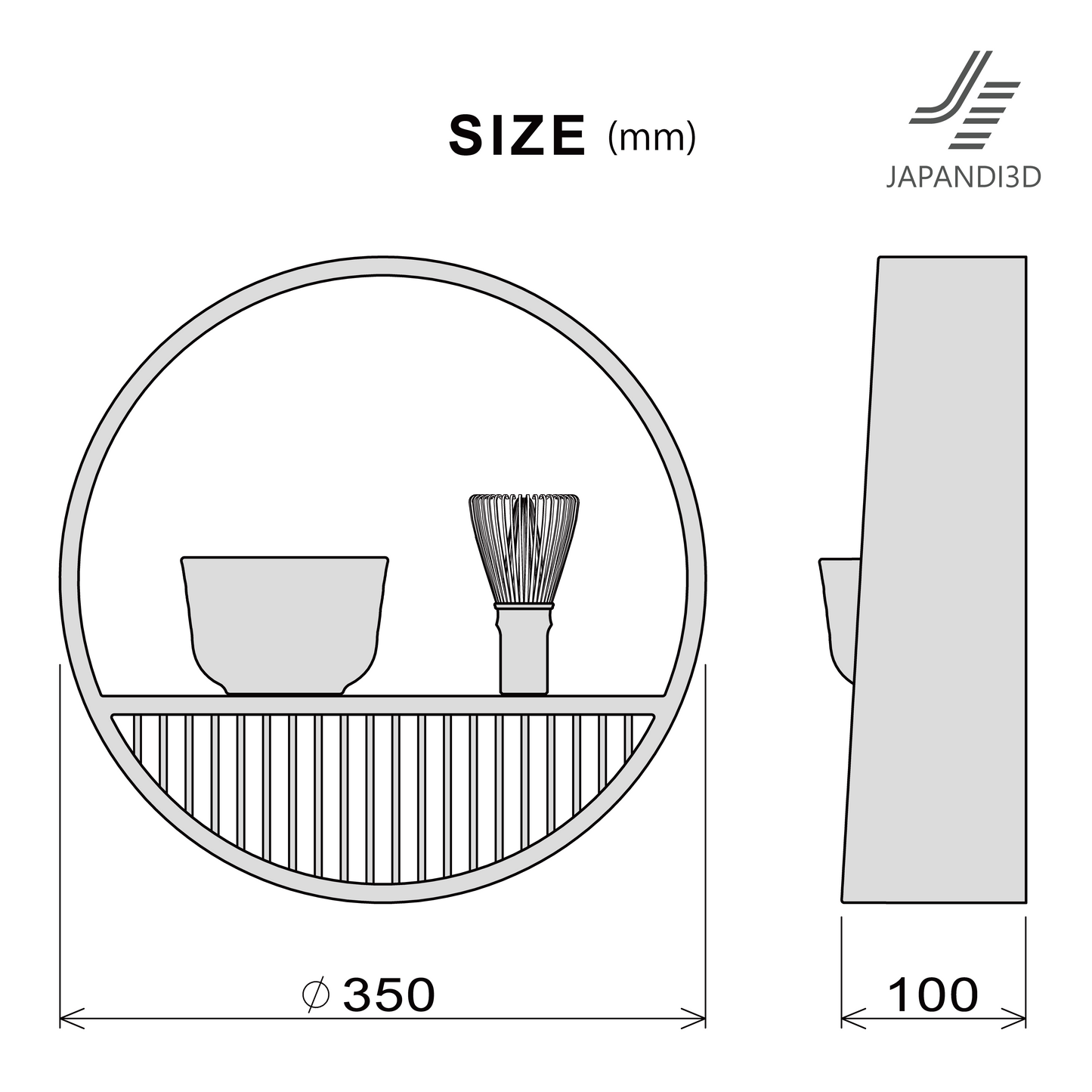 Round Wall Shelf Tea Set Size Chart - Dimensions Diameter 350mm Depth 100mm - Specifications