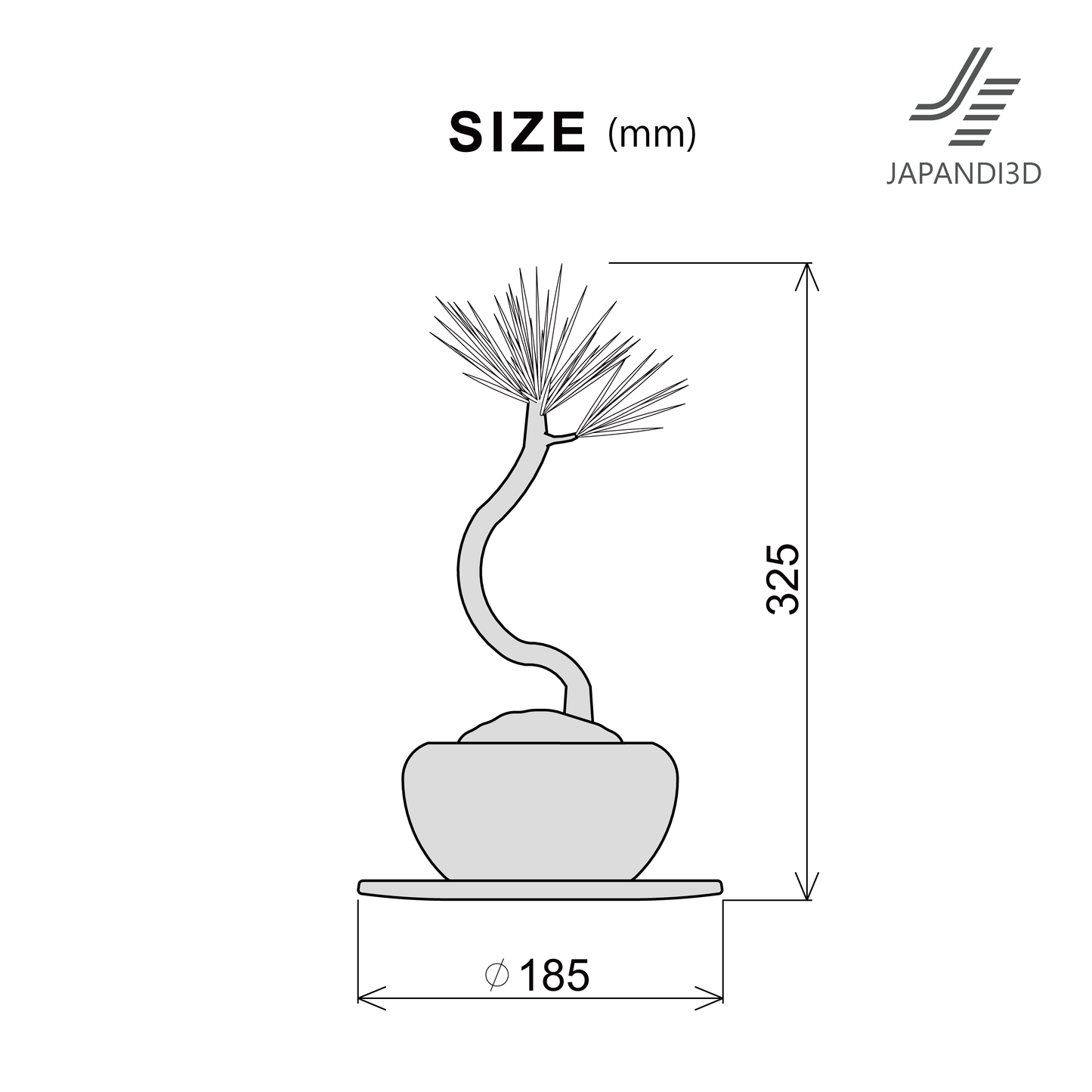 Pine bonsai 3D model dimensions – total height 325mm, pot diameter φ185mm, FBX GLB