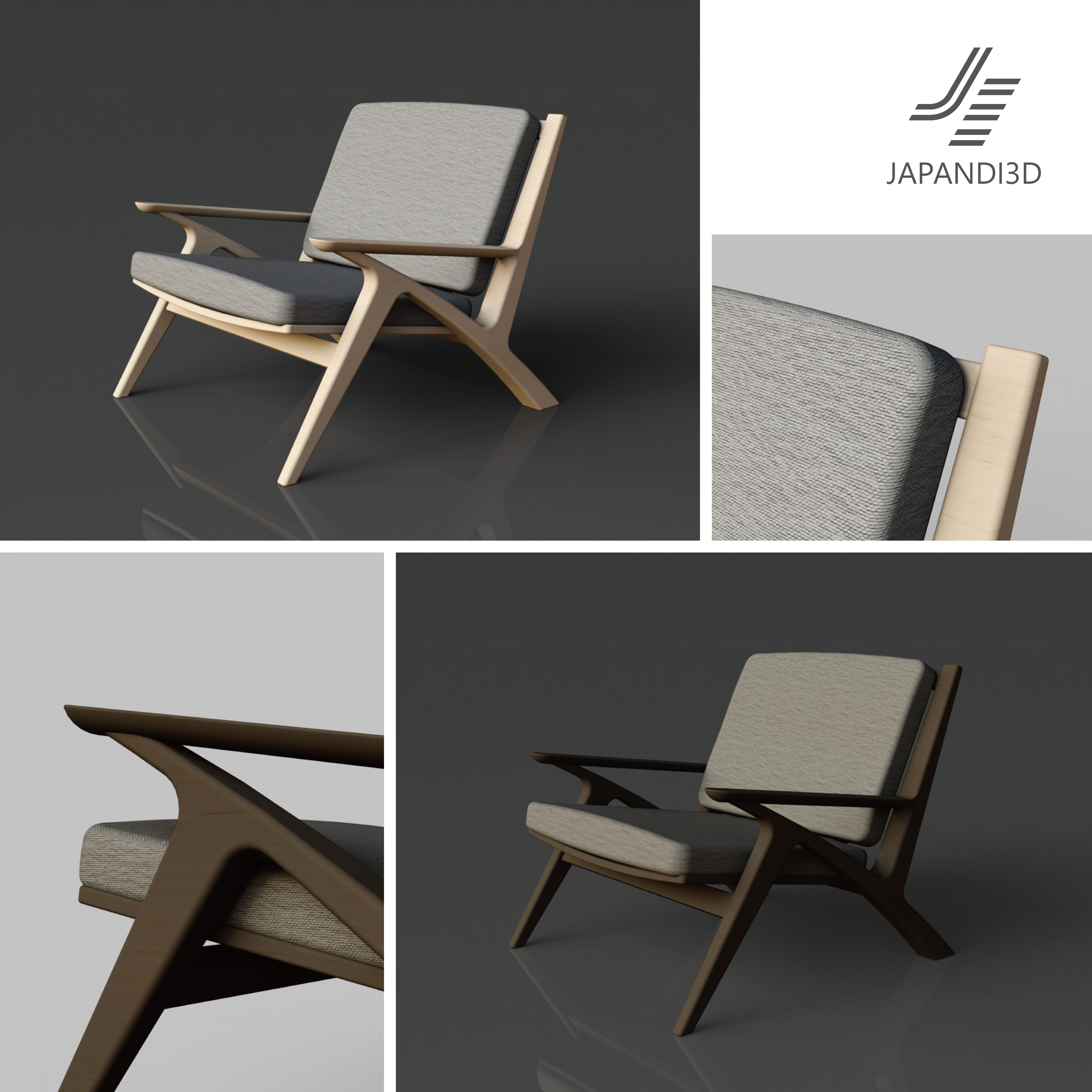 Lounge Chair W750 3D Model (FBX/GLB) – Light & Dark | JAPANDI 3D