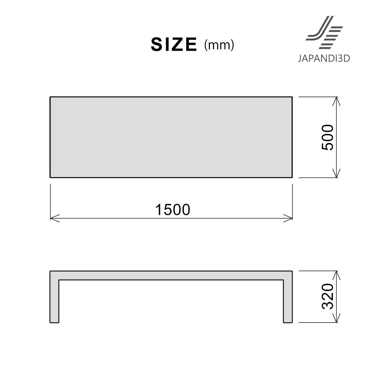 Low Table W1500 Size Chart - Dimensions W1500 D500 H320mm - FBX GLB Format