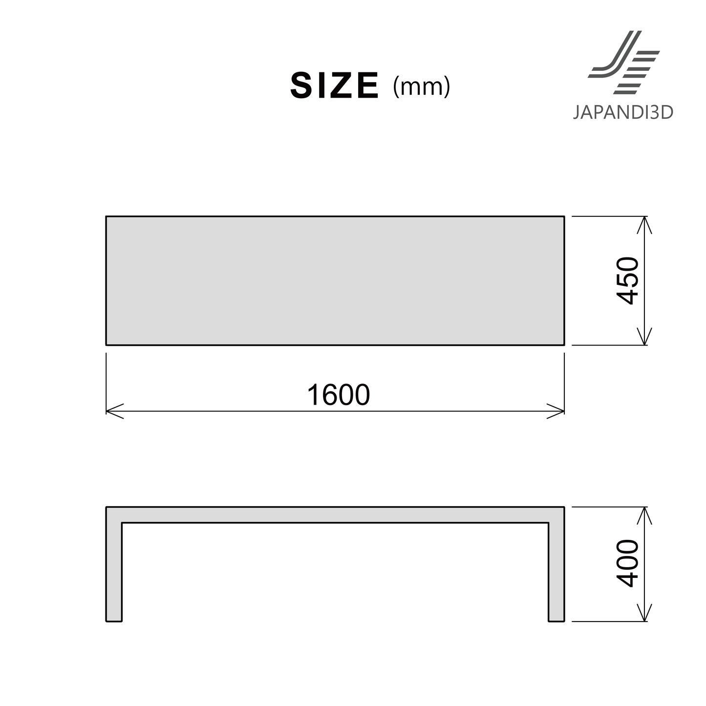 Low table 3D model dimensions – W1600 D450 H400mm, FBX GLB format