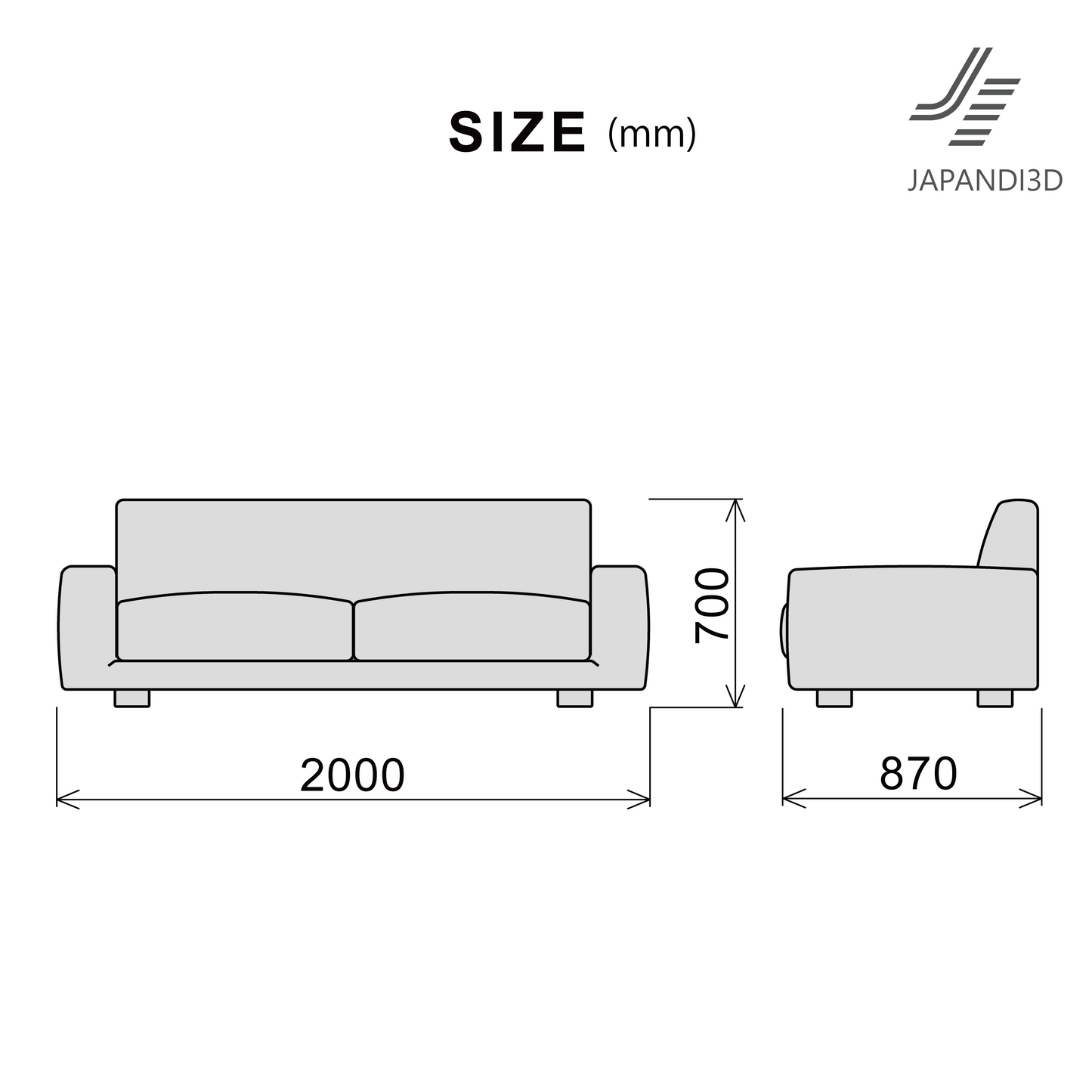 Sofa W2000 Size Chart - Dimensions W2000 D870 H700mm - Specifications and Measurements