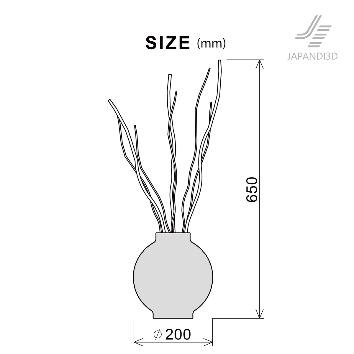 The Decorative Branches size chart shows an overall height of 650 mm and a maximum diameter of 200 mm.