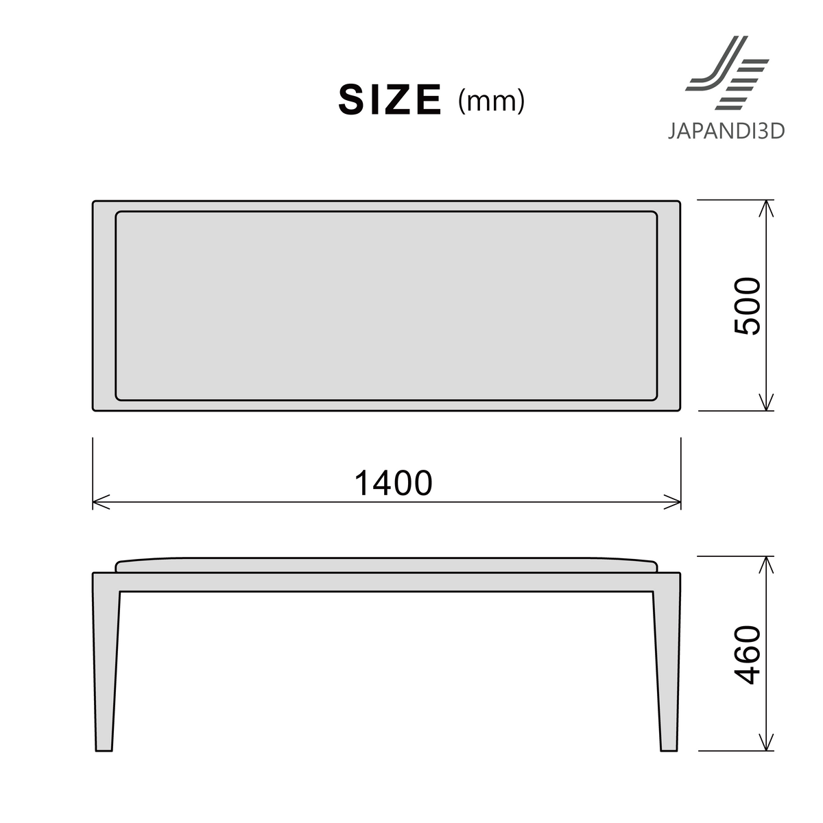 Dining Bench W1400 3D model size chart - W1400 x D500 x H460 mm real-world scale - FBX GLB Japandi furniture asset
