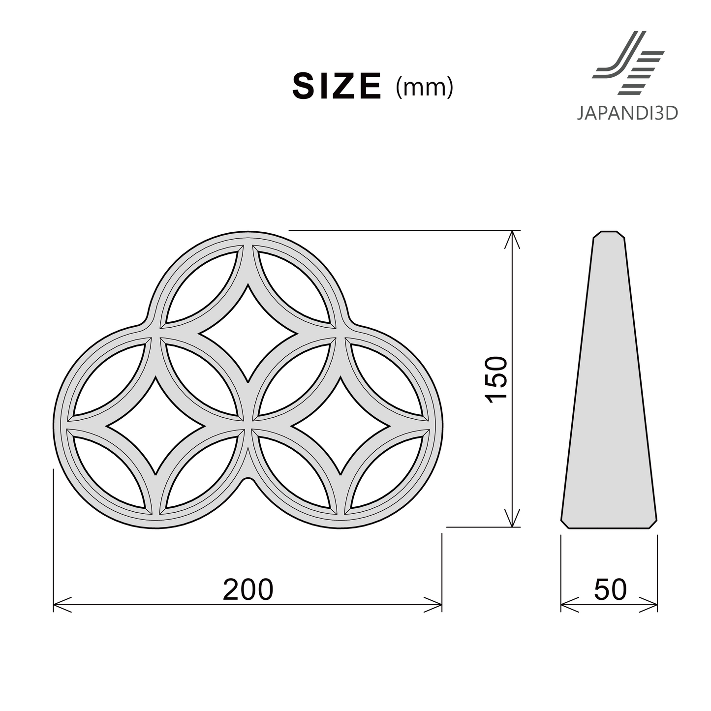 size chart showing dimensions of shippou decorative object, W200 H150 D50 mm
