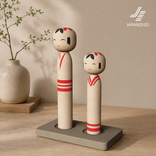 KOKESHI Dolls on Stand in Japandi Interior - Traditional Japanese Figures with Vase - 3D Model FBX GLB