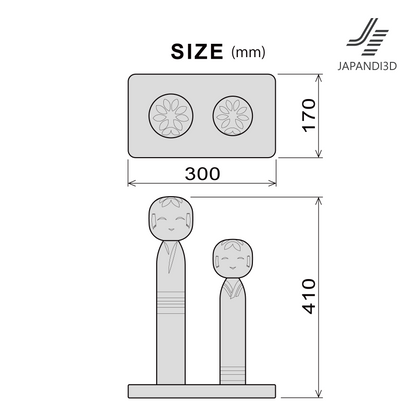 KOKESHI Dolls on Stand Size Chart - Dimensions W300 D170 H410mm - Specifications