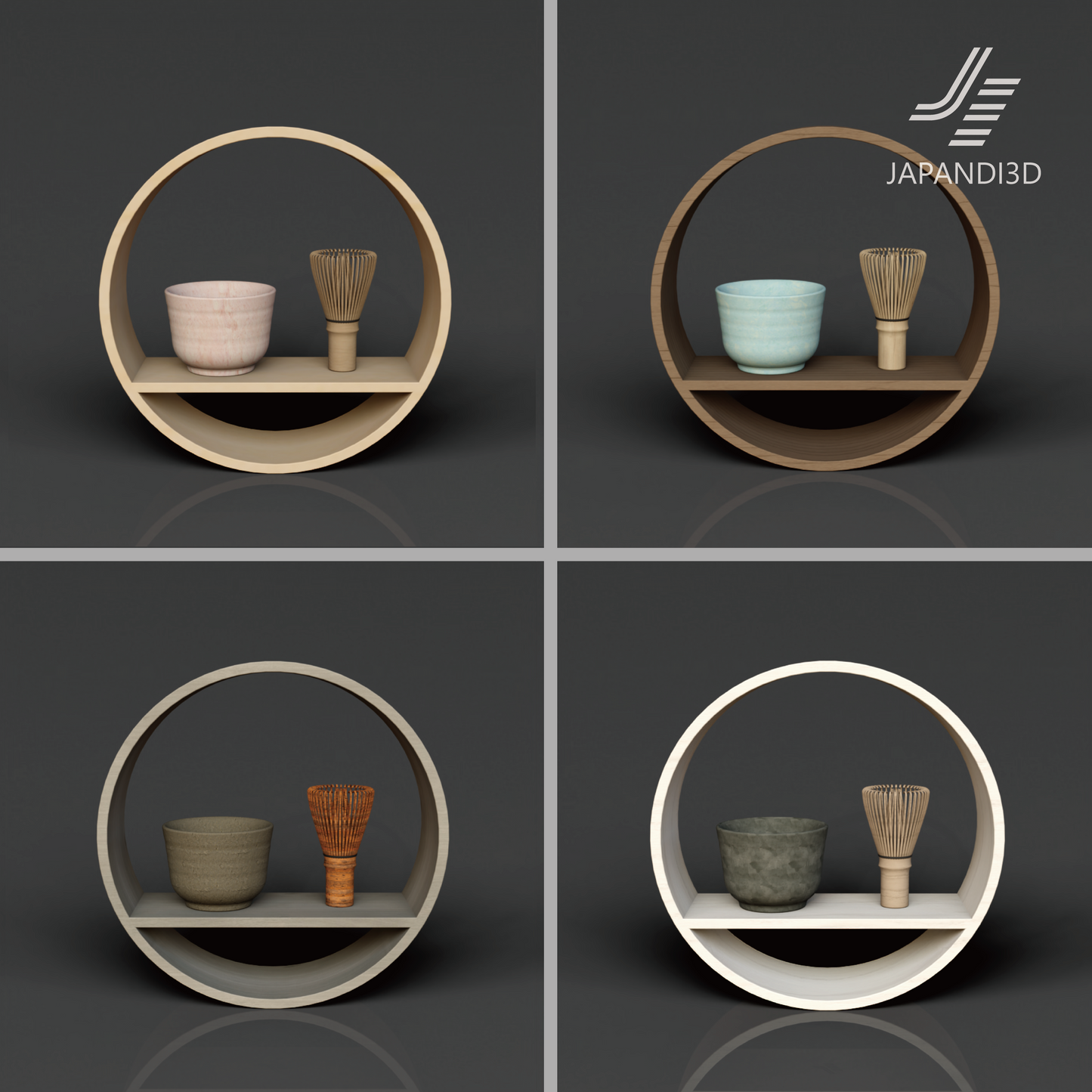 Round Wall Shelf SHIKI Tea Set φ300 D100mm – 4-color set Spring Summer Autumn Winter, Japandi wall shelf 3D model FBX GLB for architectural visualization