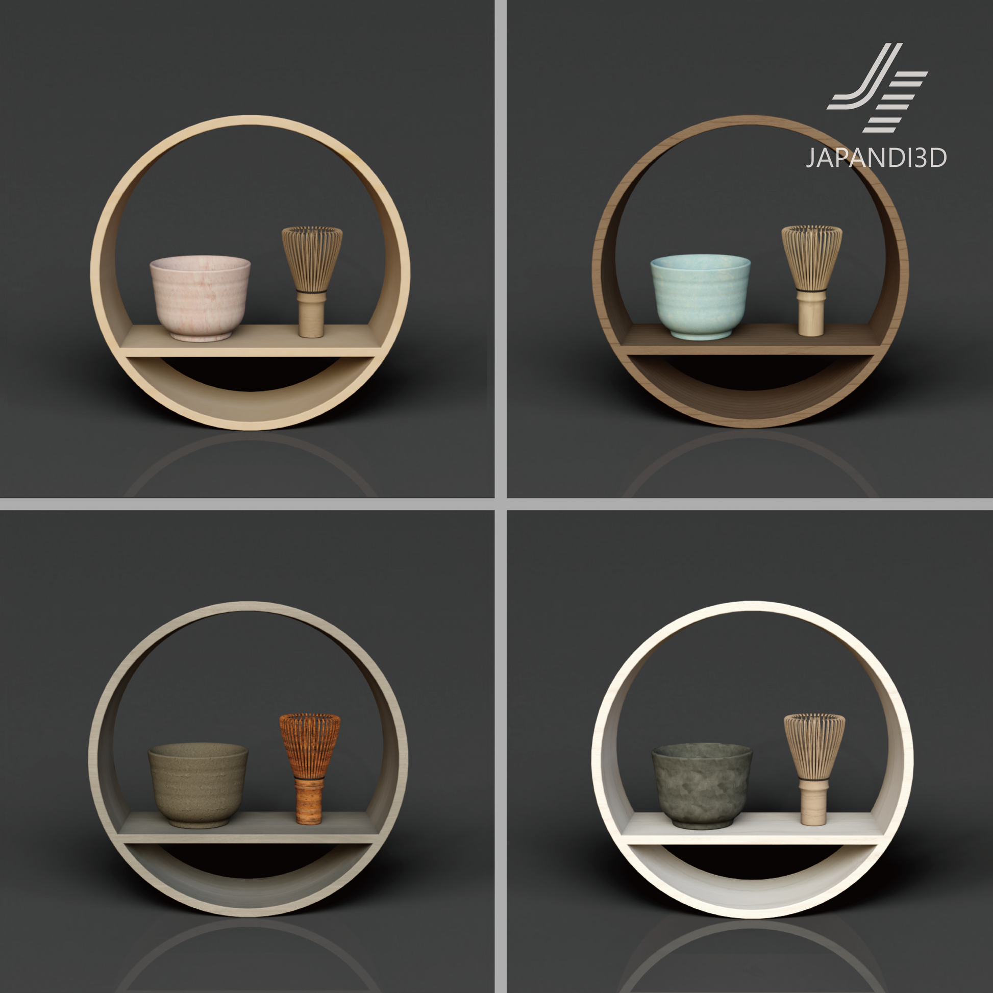 Round Wall Shelf SHIKI Tea Set φ300 D100mm – 4-color set Spring Summer Autumn Winter, Japandi wall shelf 3D model FBX GLB for architectural visualization
