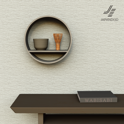 Round Wall Shelf SHIKI Tea Set φ300 D100mm – Japandi wall shelf 3D model styled on console table in sage green interior scene, FBX GLB