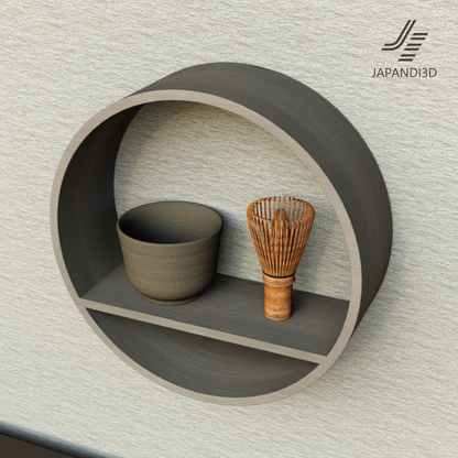 Round Wall Shelf SHIKI Tea Set φ300 D100mm Autumn – wall-mounted detail view, Japandi tea bowl and chasen display 3D model FBX GLB