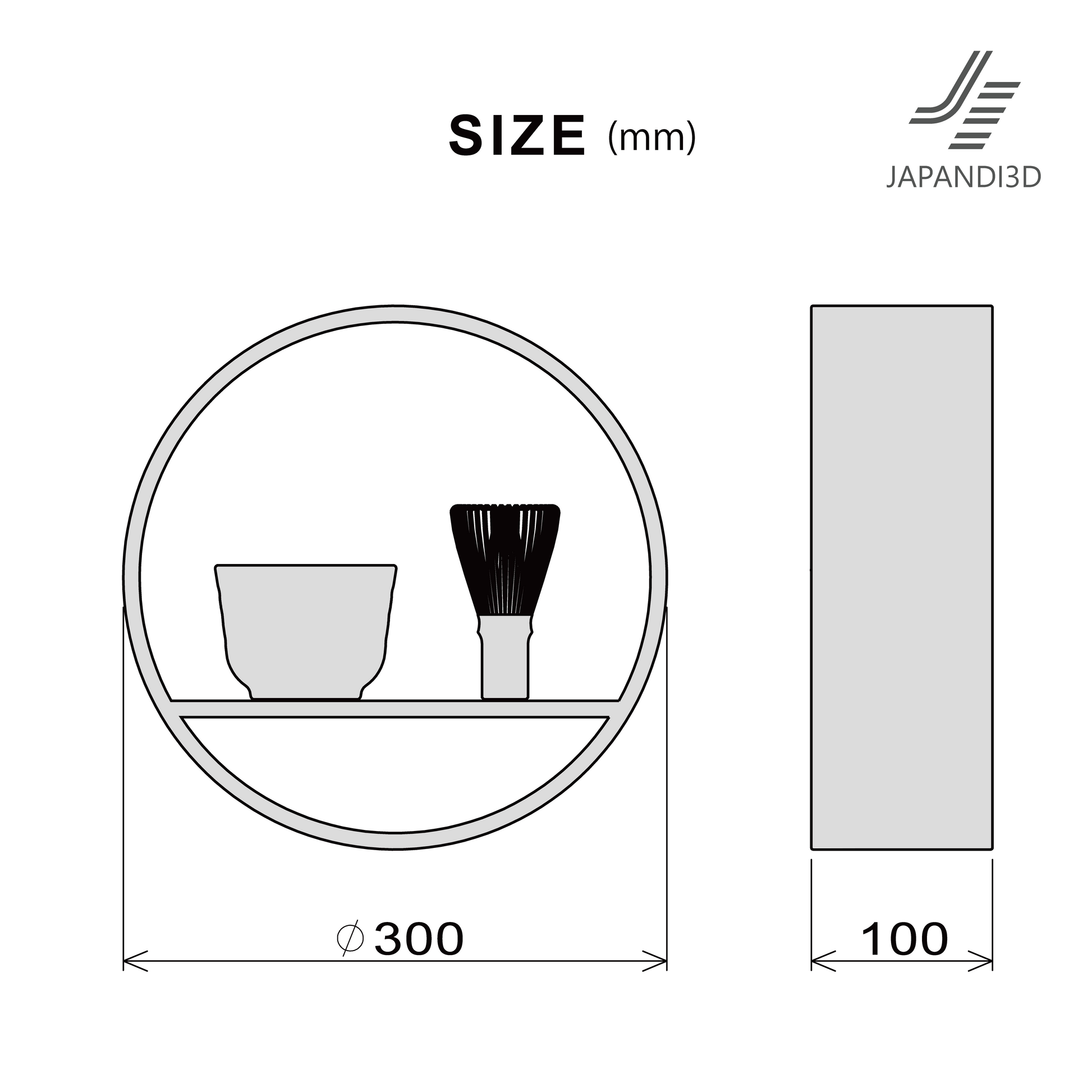 Round Wall Shelf SHIKI Tea Set – size reference sheet, φ300 D100mm