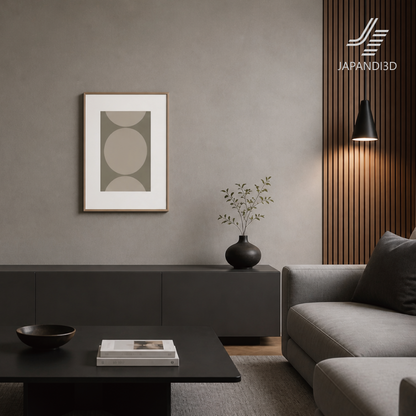 Wall Art Flow in Dark Modern Living Room - Framed Abstract Art Above Sofa - Japandi Interior 3D Model