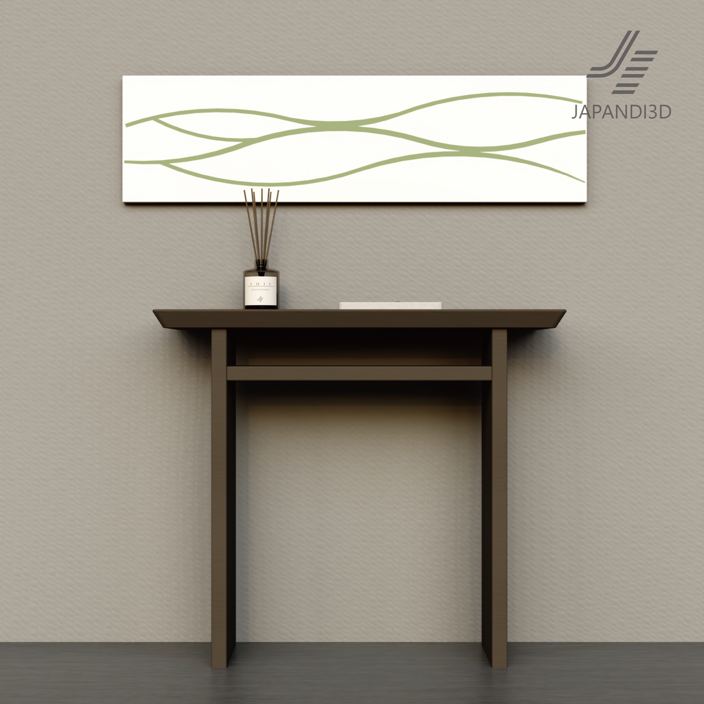 Wall Art Waves Above Console Table - Gray Wall Interior Scene - Modern Home Decor 3D Asset FBX GLB