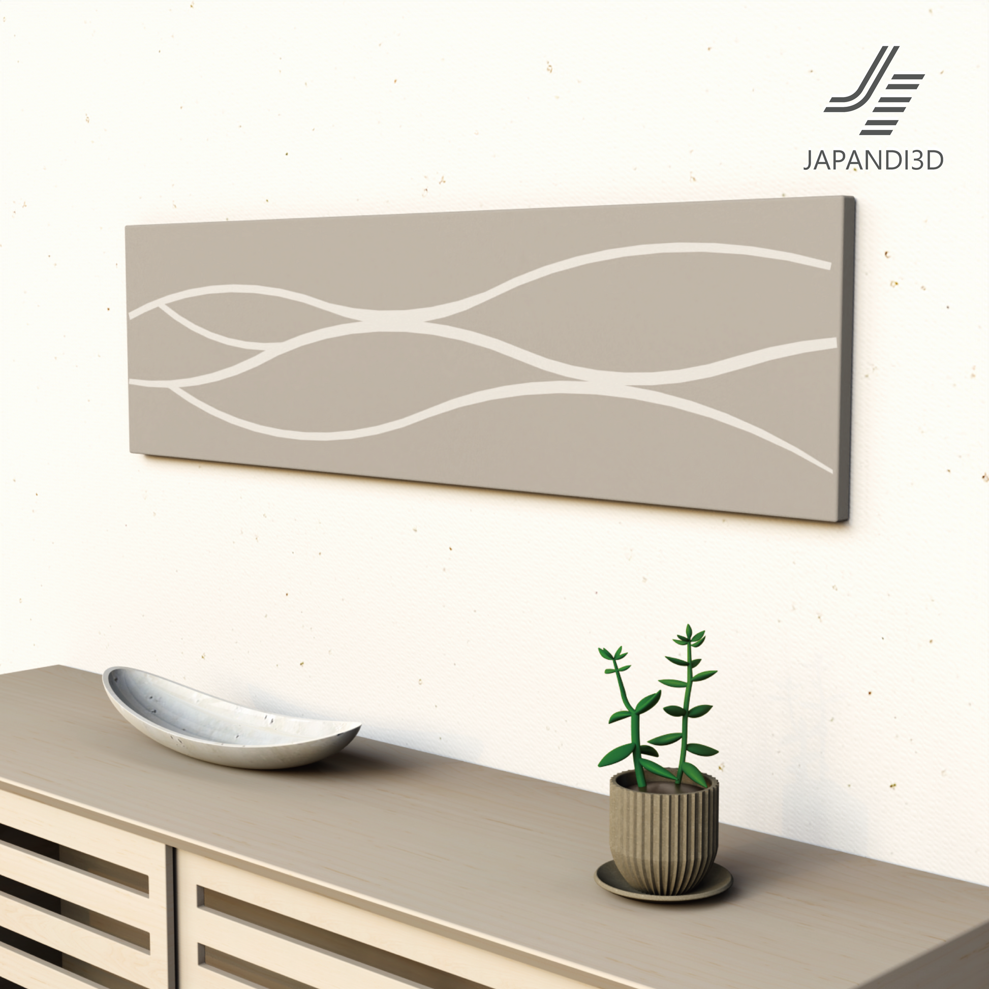 Wall Art Waves Above Console Table - Beige Wall Interior Scene - Japandi Minimalist Decor 3D Model