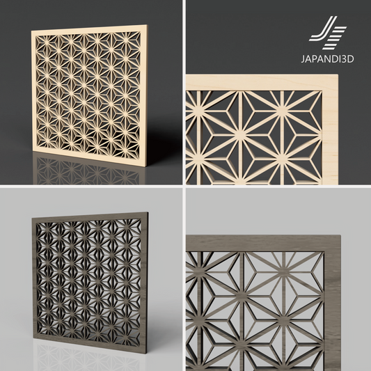 Wall Art KUMIKO Asanoha W600 H600mm – Light and Gray color set, Japandi kumiko 3D model FBX GLB for architectural visualization