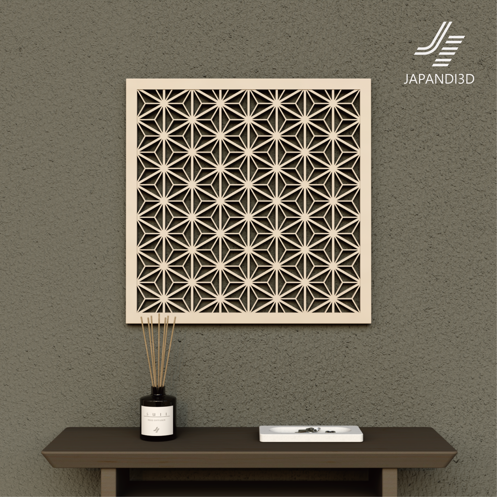 Wall Art KUMIKO Asanoha W600 H600mm Gray – kumiko wall art 3D model against white wall, FBX GLB