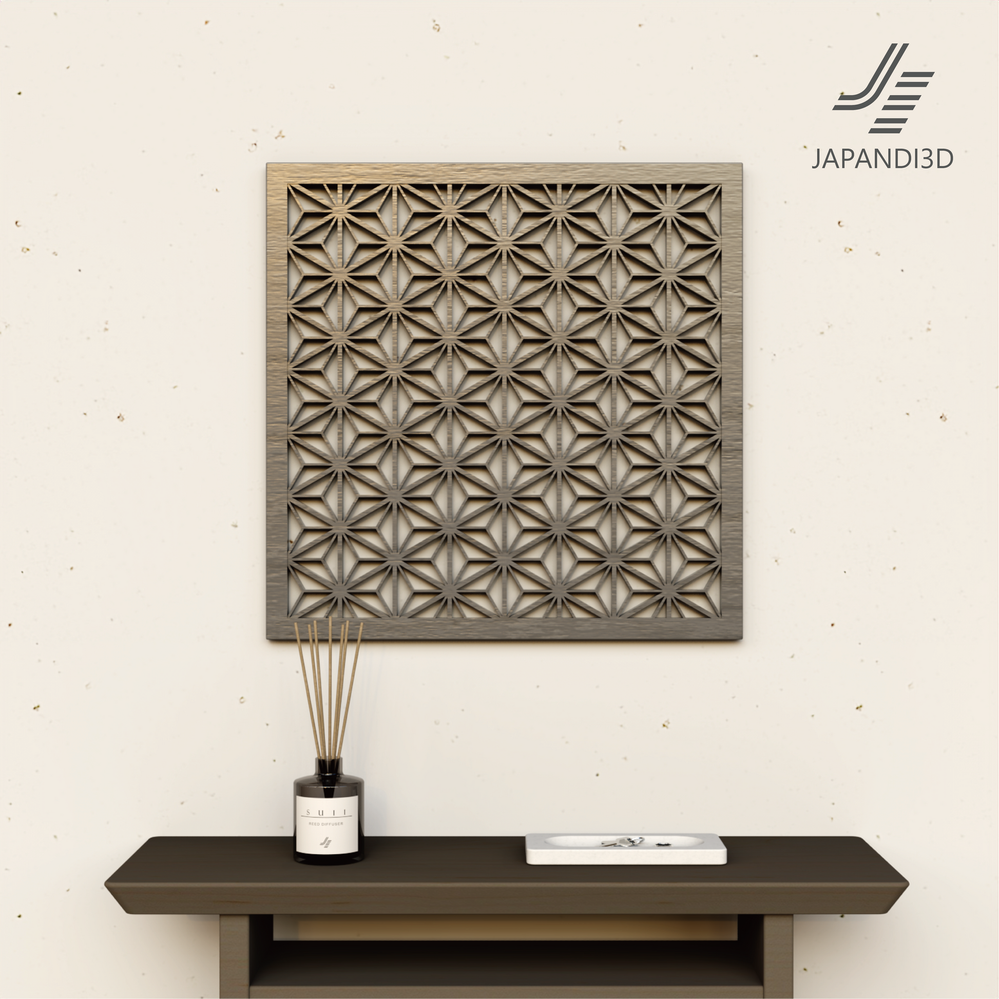 Wall Art KUMIKO Asanoha W600 H600mm Light – kumiko wall art 3D model against dark green wall, FBX GLB