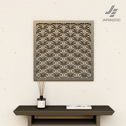 Wall Art KUMIKO Asanoha W600 H600mm Light – kumiko wall art 3D model against dark green wall, FBX GLB