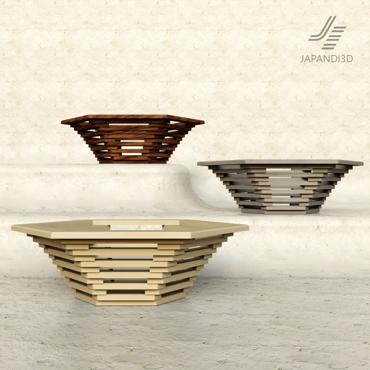 Layered Wood Object 3D model uses stacked wooden frames to create an open sculptural form, shown in Light, Medium and Dark for Japandi interiors.