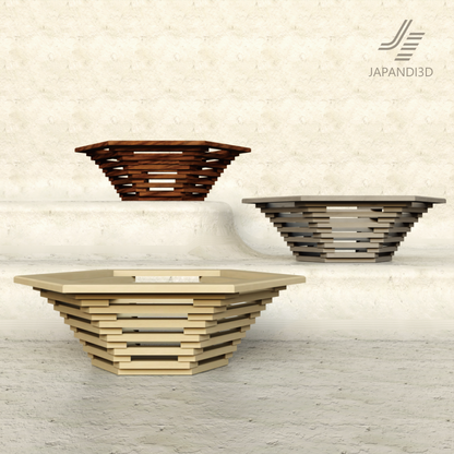 Layered Wood Object 3D model uses stacked wooden frames to create an open sculptural form, shown in Light, Medium and Dark for Japandi interiors.