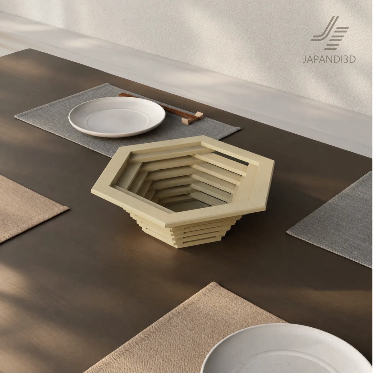Layered Wood Object is styled on a dining table, where its layered wooden frame adds a light sculptural accent to a Japandi interior.
