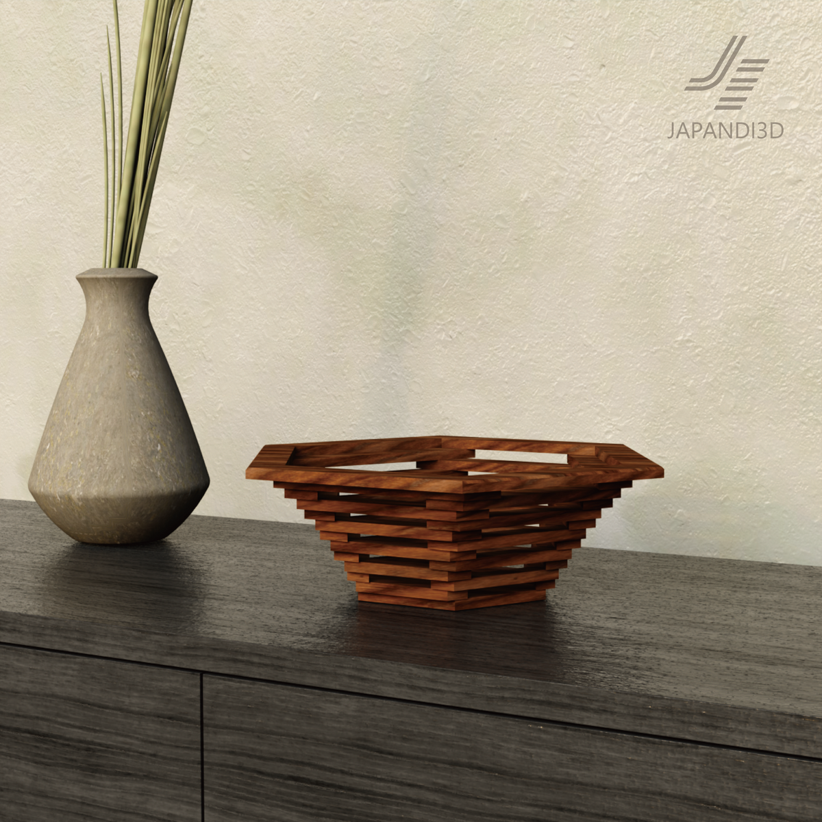 Layered Wood Object is shown in Light, Medium and Dark, comparing a bamboo-inspired light tone, neutral gray and deep dark finish for Japandi styling.