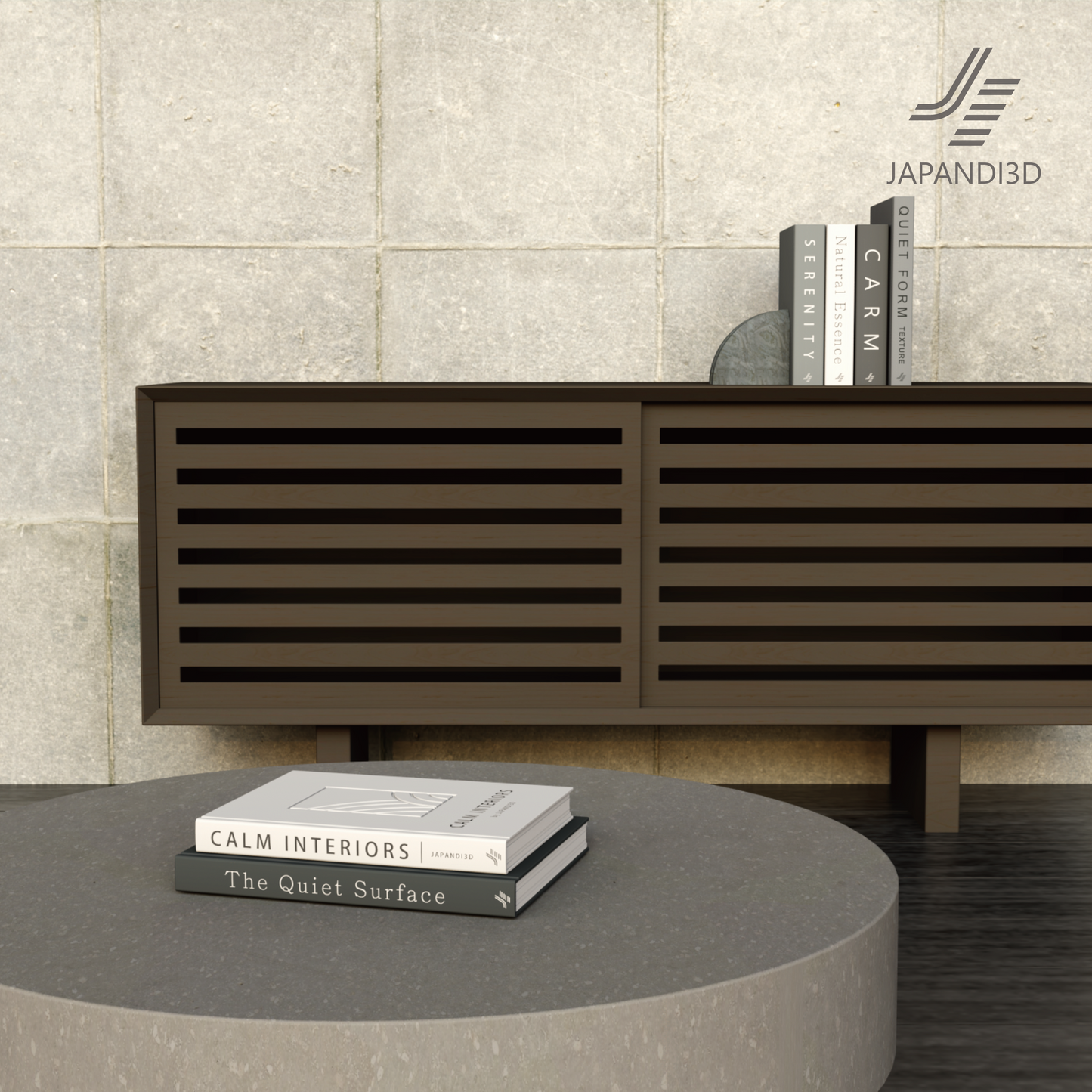Decorative Books on Coffee Table and Cabinet - Both Arrangements in Modern Interior - Japandi Style 3D Asset