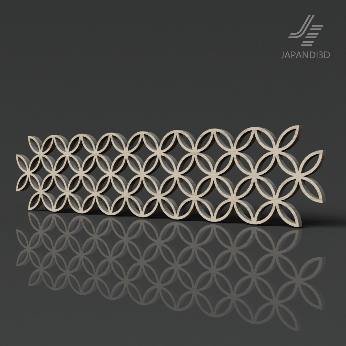 Wall Art – KUMIKO "SHIPPO" 3D model features the traditional Japanese Shippo interlocking-circle pattern in a greige kumiko lattice for Japandi interiors.