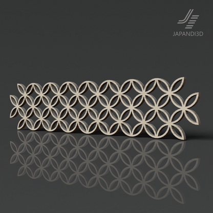 Wall Art – KUMIKO "SHIPPO" 3D model features the traditional Japanese Shippo interlocking-circle pattern in a greige kumiko lattice for Japandi interiors.