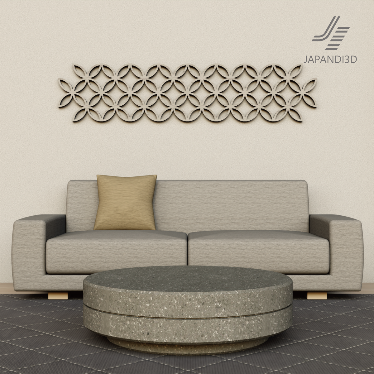 Wall Art – KUMIKO "SHIPPO" is styled as wide wall art, where the Japanese Shippo circle pattern creates soft shadows in a Japandi interior.