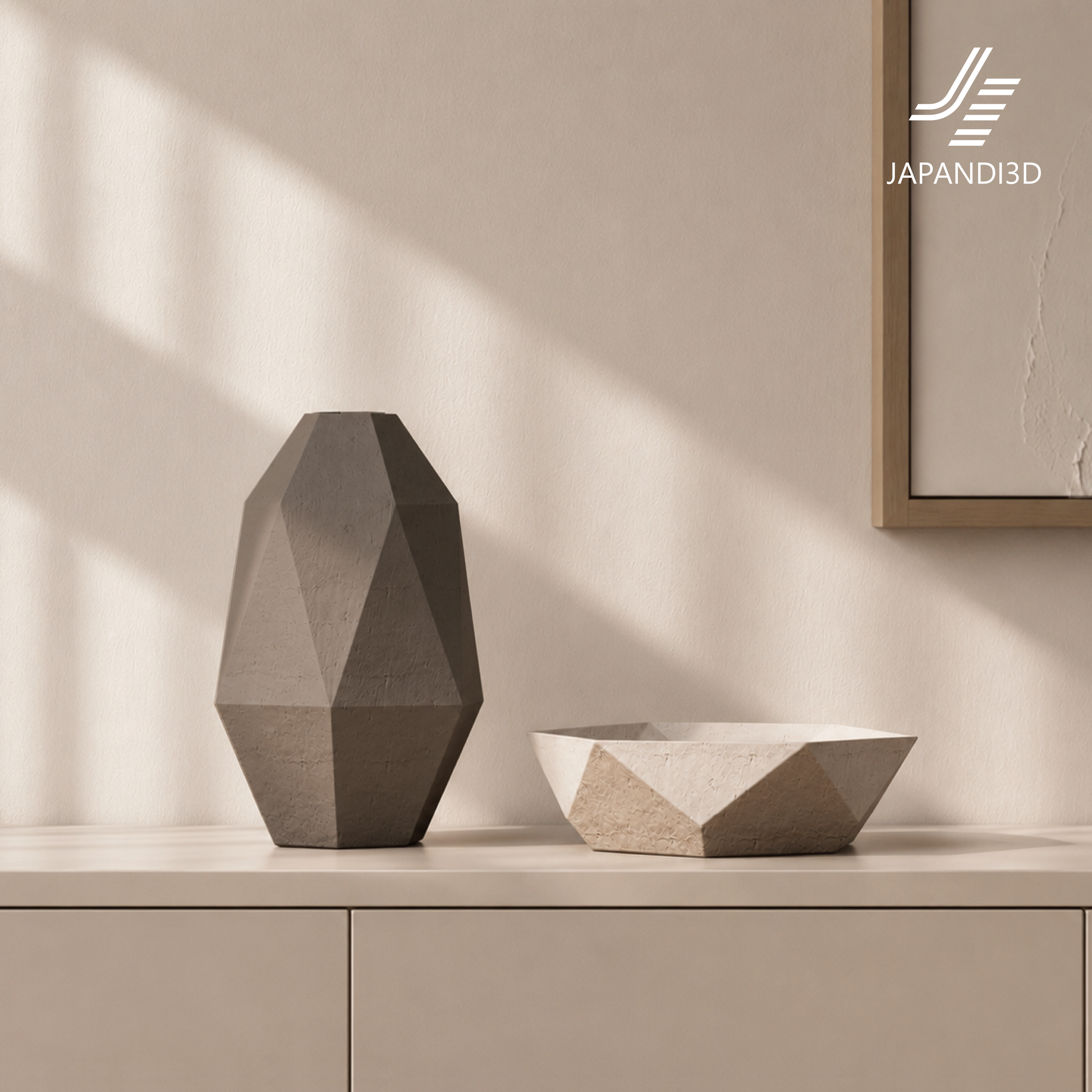 close-up render of sculptural vase and tray with geometric surfaces