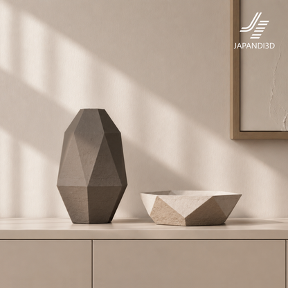 close-up render of sculptural vase and tray with geometric surfaces