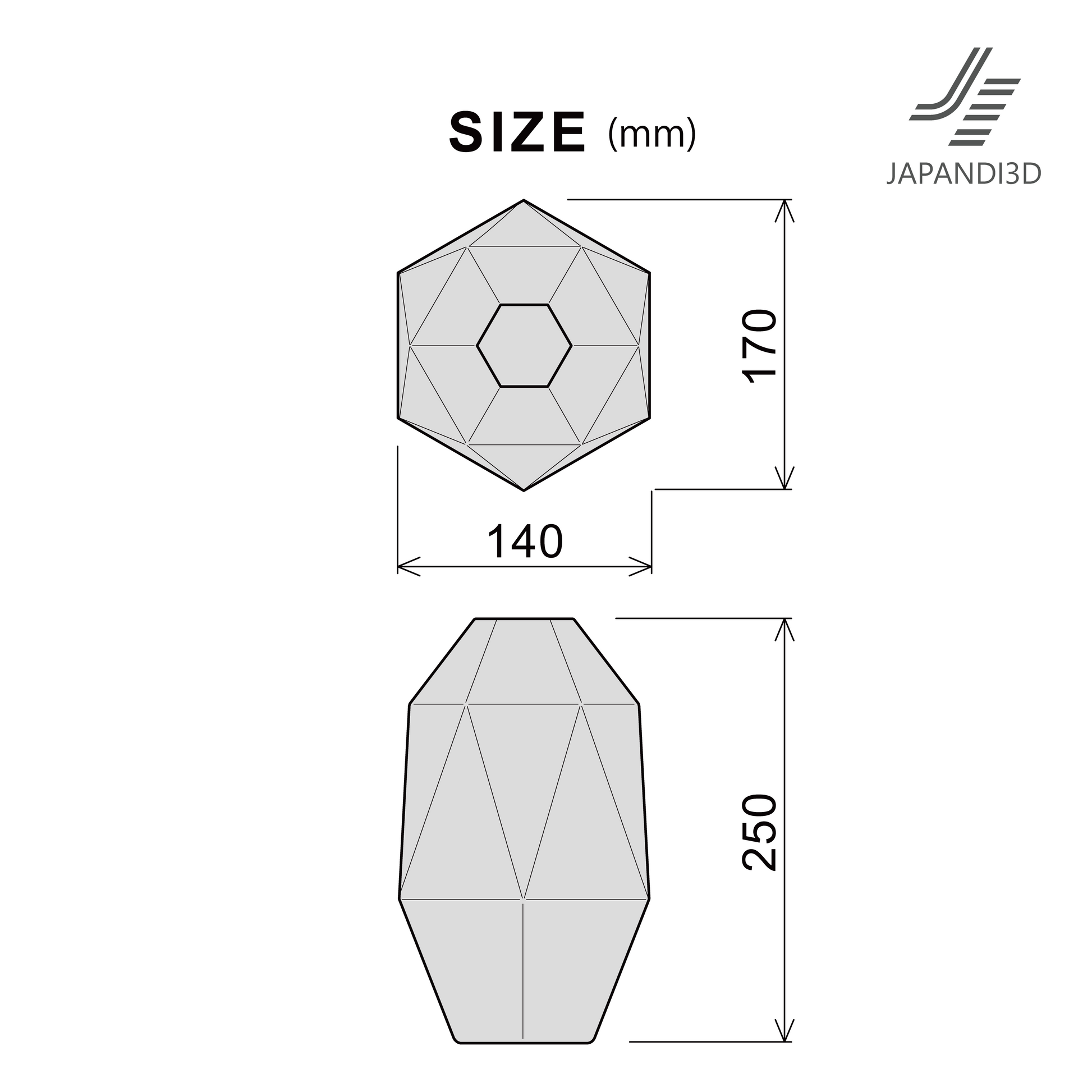 size chart showing dimensions of vertical decorative object, W140 D170 H250 mm