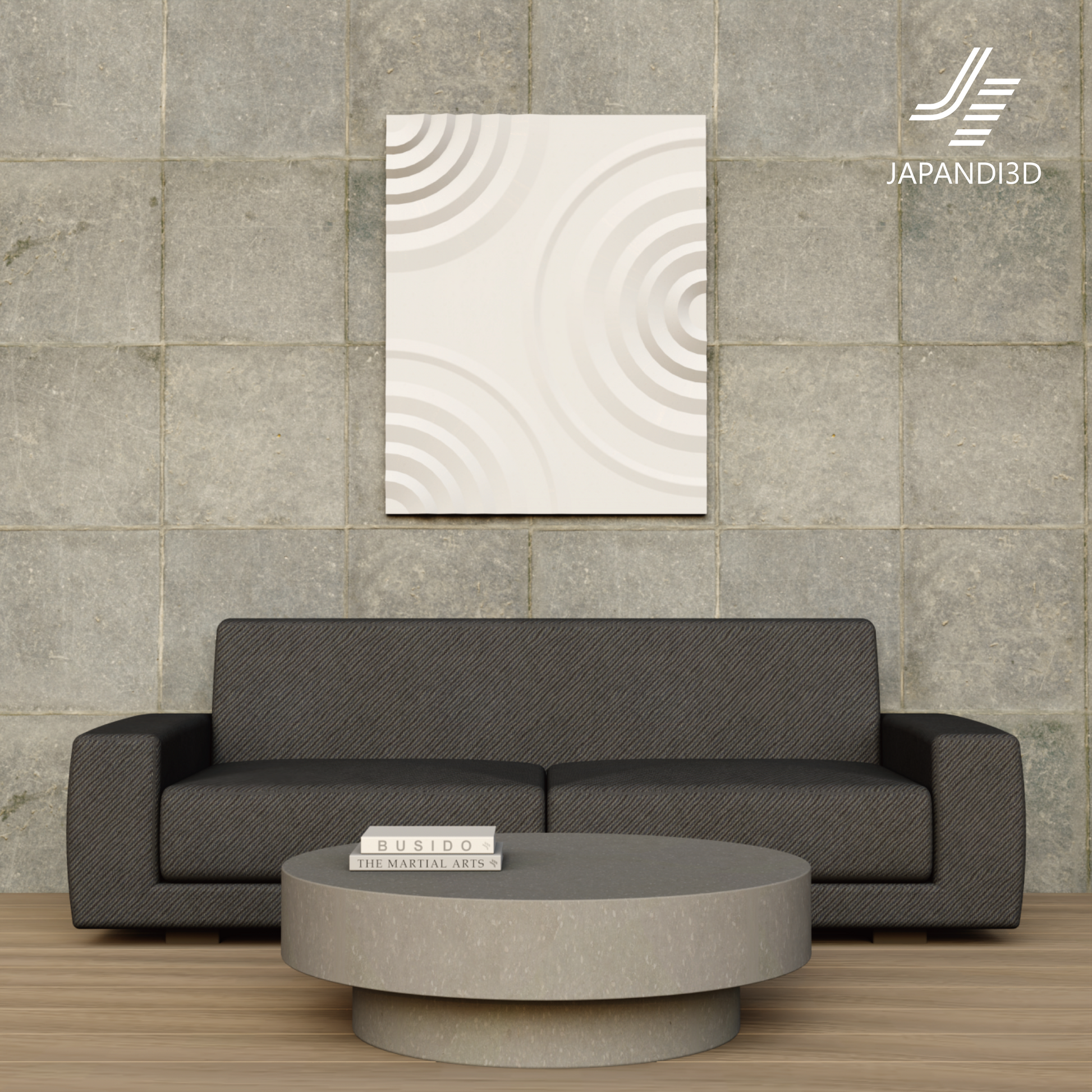 Relief Panel Ripple W800×H1000×D40 Off-White – 3D model displayed on wall in Japandi living room scene, FBX/GLB