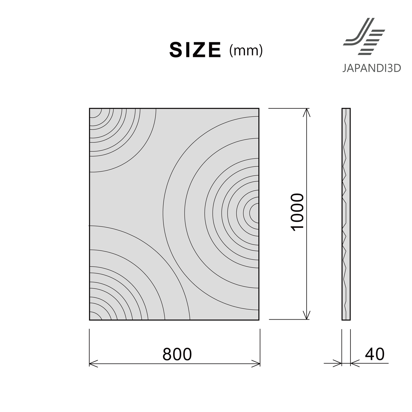 Relief Panel Ripple – size diagram W800 × H1000 × D40mm