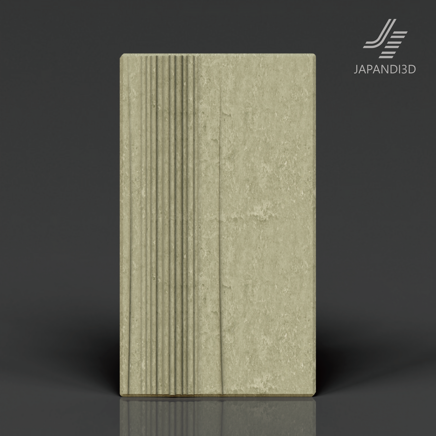 Relief Panel Strata 3D model, asymmetric stratum-inspired wall relief with vertical grooves, moss green, FBX GLB assets for Japandi interior rendering