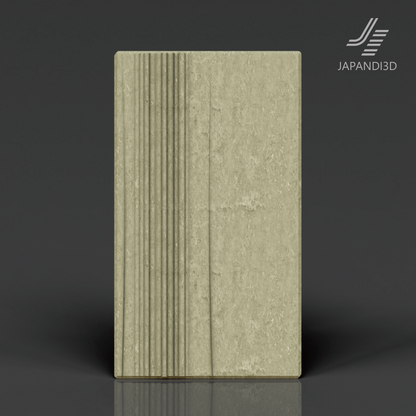 Relief Panel Strata 3D model, asymmetric stratum-inspired wall relief with vertical grooves, moss green, FBX GLB assets for Japandi interior rendering