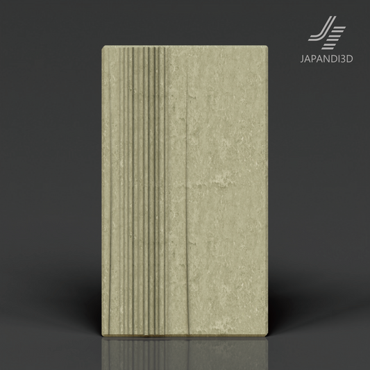Relief Panel Strata 3D model, asymmetric stratum-inspired wall relief with vertical grooves, moss green, FBX GLB assets for Japandi interior rendering