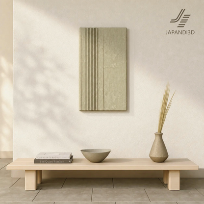Relief Panel Strata wall art styling scene, stone-look relief panel W440 H770, moss green for Japandi and wa-modern interiors, 3D model FBX GLB
