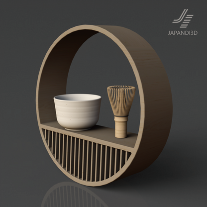 Round Wall Shelf with Tea Set 3D Model - Tea Bowl and Chasen Whisk - Wabi-Sabi Japandi Decor FBX GLB