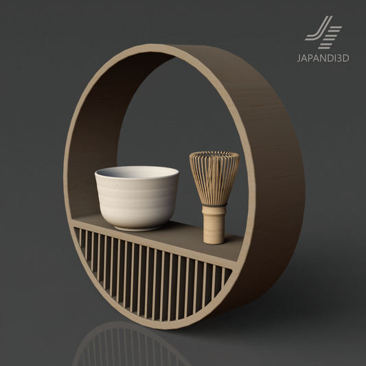 Round Wall Shelf with Tea Set 3D Model - Tea Bowl and Chasen Whisk - Wabi-Sabi Japandi Decor FBX GLB