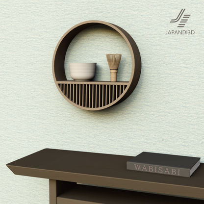 Round Wall Shelf Tea Set Close-Up - Matcha Bowl and Bamboo Whisk - Modern Japanese Wall Accent 3D Model