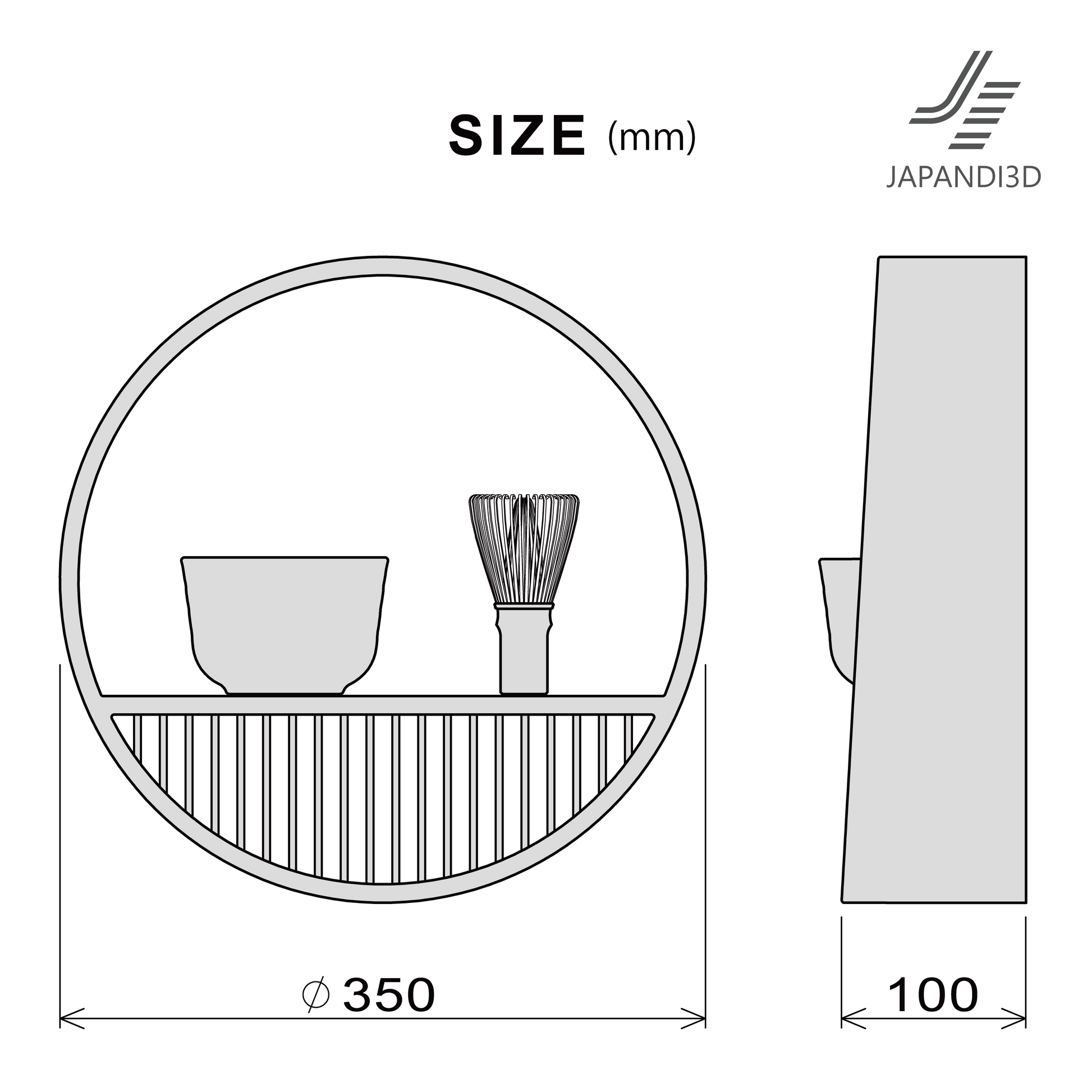 Round Wall Shelf Tea Set Size Chart - Dimensions Diameter 350mm Depth 100mm - Specifications