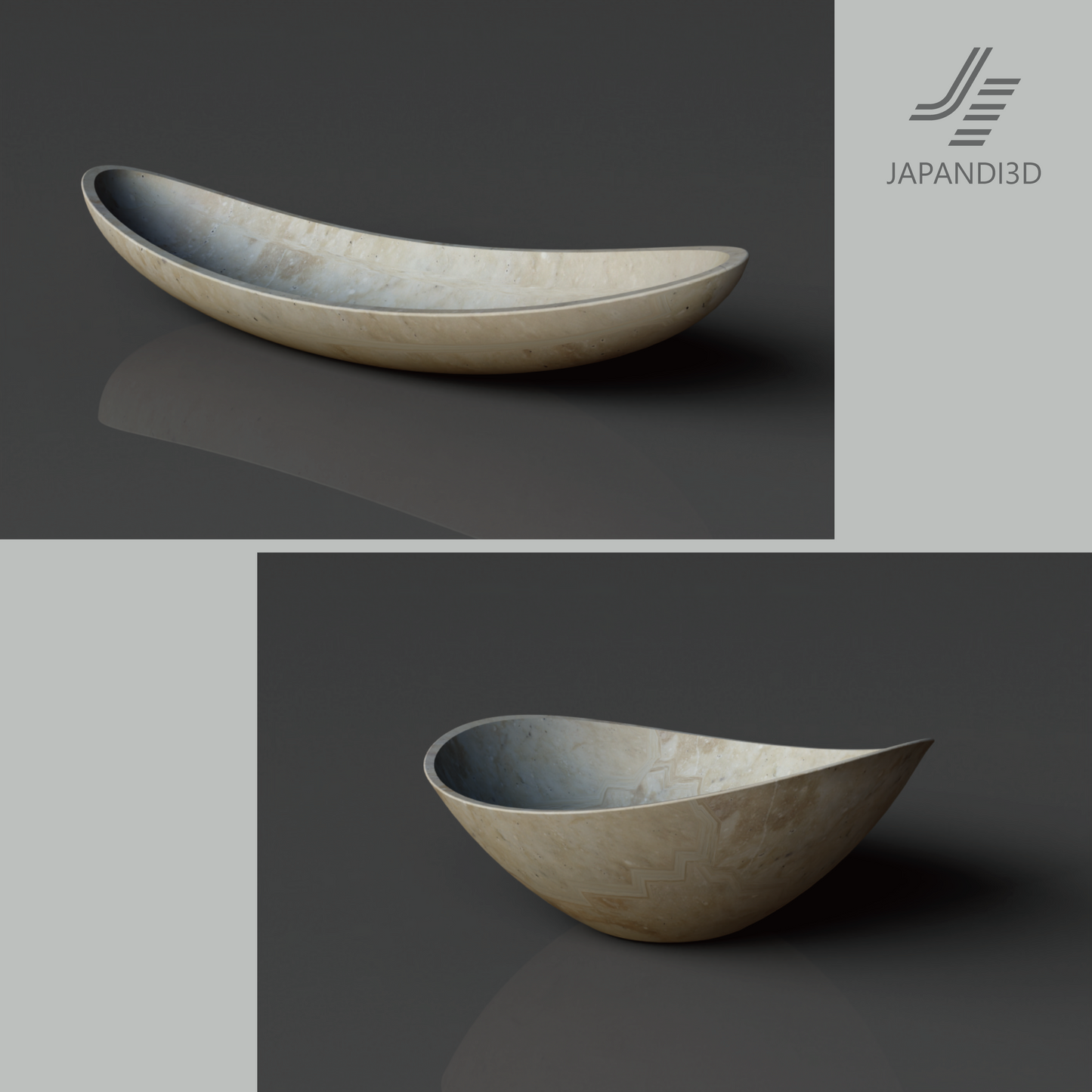 Oval Tray 2 Variations 3D model, wavy curved oval trays in stone-look finish, long oval and round oval set, FBX GLB assets for Japandi interior rendering
