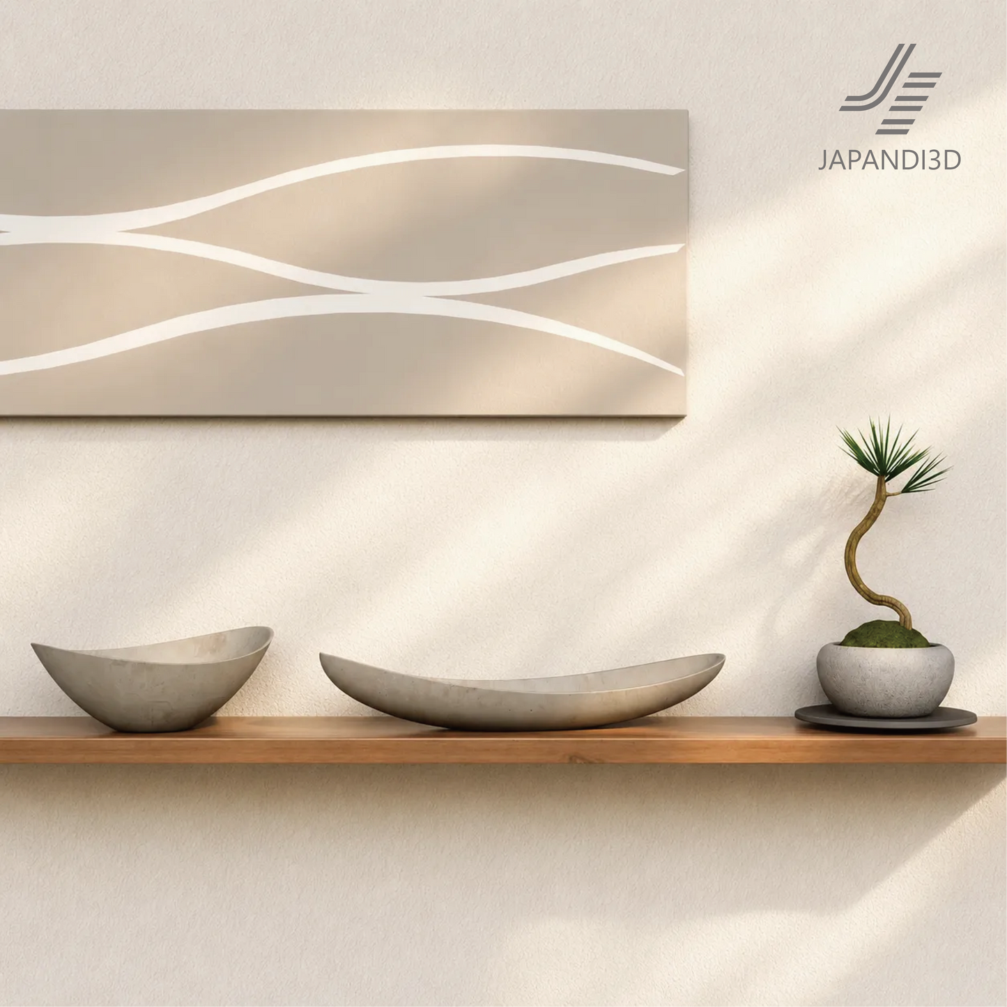 Oval Tray styling scene, curved oval trays on console or low table for object display, Japandi and wa-modern interiors, 3D model FBX GLB