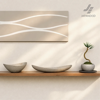 Oval Tray styling scene, curved oval trays on console or low table for object display, Japandi and wa-modern interiors, 3D model FBX GLB