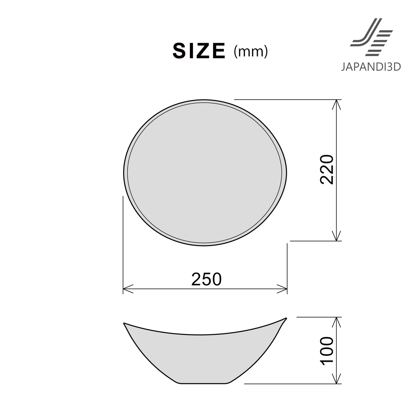 Oval Tray Round Oval dimensions chart, W250 D220 H100, 3D model FBX GLB for interior rendering