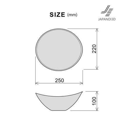 Oval Tray Round Oval dimensions chart, W250 D220 H100, 3D model FBX GLB for interior rendering